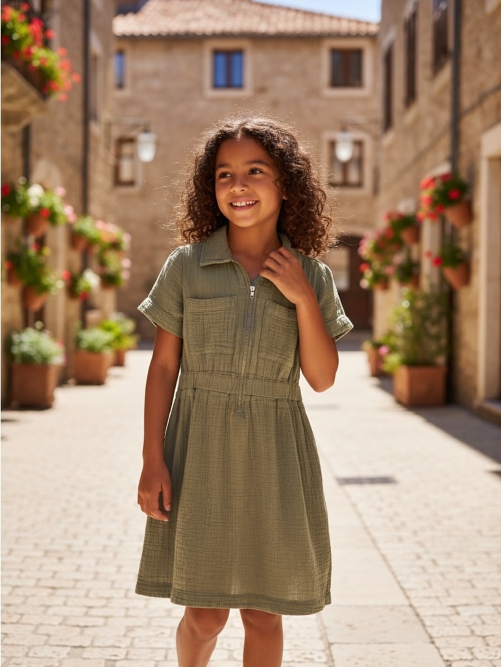 Girls' Olive Green Zip-Front Casual Dress